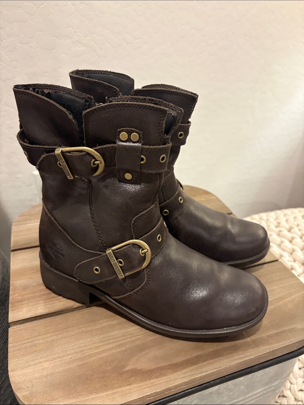 Harley-Davidson Dark Brown Leather Buckle Moto Boots - Women